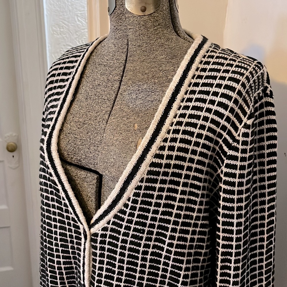 Forever 21 Black and White Check Stripe Chunky Grandpa Cardigan size XL - Picture 2 of 11